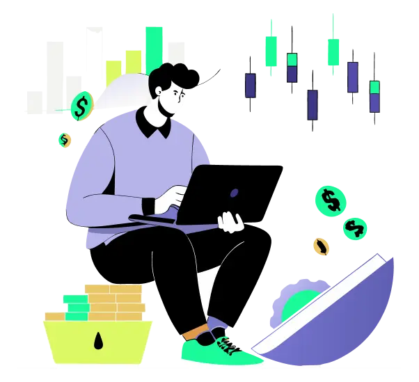 Trader working on a laptop with market charts